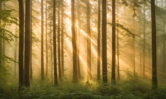 Golden sunlight illuminates a misty forest as it breaks through the dense canopy of tall trees. The soft rays create a serene atmosphere, with foliage shrouded in a delicate haze. This tranquil setting captures the beauty of nature at dawn, inviting peaceful reflection.