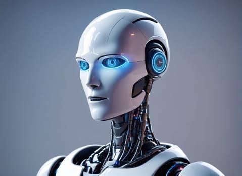 A humanoid robot stands against a neutral background, showcasing its sleek design and advanced technology. The robot has glowing blue eyes and a smooth, white outer shell, emphasizing its futuristic appearance. Intricate mechanical components are visible on the neck and shoulders, highlighting the complexity of its engineering.