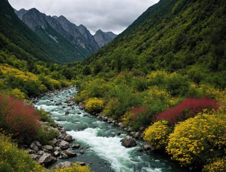 A tranquil river meanders through a vibrant valley, bordered by lush greenery and colorful wildflowers. Towering mountains loom in the background, shrouded in gentle clouds under a soft morning light. The scene is peaceful, showcasing nature's beauty and harmony.