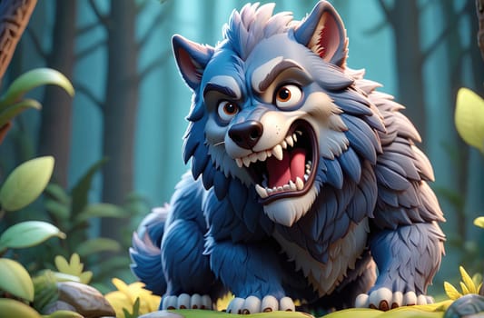 In a dense forest bathed in twilight, a blue wolf crouches low, its fur ruffled and eyes narrowed. The wolf emits a fierce growl, showcasing sharp teeth as it prepares to pounce. Surrounding leaves and foliage enhance the wild atmosphere, highlighting the animal's predatory stance.