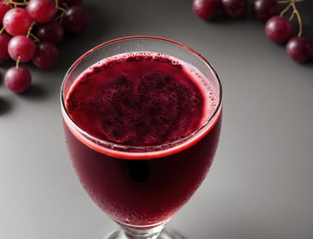 A tall glass filled with deep red grape juice sits prominently, condensation glistening on its surface. Nearby, clusters of fresh grapes add vibrant color to the gray backdrop, enhancing the visual appeal of this refreshing beverage.