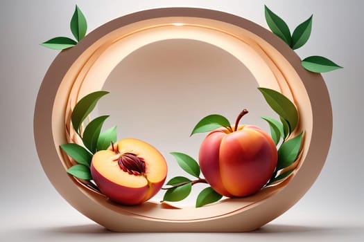 A vibrant display features two ripe peaches, one whole and one sliced, nestled among lush green leaves. The natural light highlights the fruit's rich colors, creating an inviting centerpiece that emphasizes freshness and natural beauty.