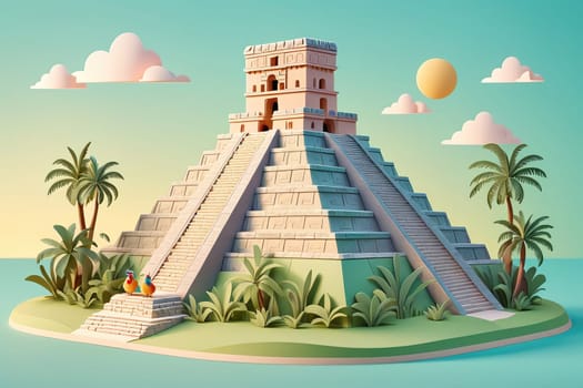 A majestic pyramid rises amidst vibrant tropical vegetation, with steps leading to its top. Two colorful birds perched nearby add life to the serene landscape. The warm colors of the sunset create a picturesque backdrop.