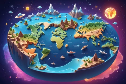 A vibrant 3D representation of the world highlights various continents and oceans, showcasing mountains and sea routes. Boats and planes illustrate modes of transportation across this imaginative landscape, complemented by celestial elements like planets and stars in the background.