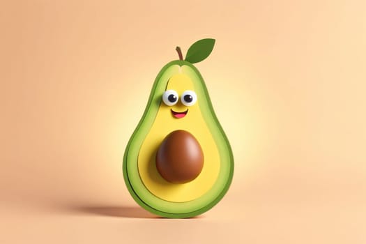 A whimsical avocado character features exaggerated features, such as large googly eyes and a wide smile. The background is a soft beige, enhancing the playful nature of the design. The avocado has a vibrant green skin and a brown pit, making it visually appealing.
