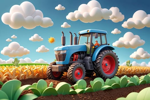 A blue tractor is actively tilling the rich soil of a cornfield, surrounded by golden stalks ready for harvest. The farmer works diligently under a clear blue sky adorned with fluffy white clouds, enjoying the warm sunshine.