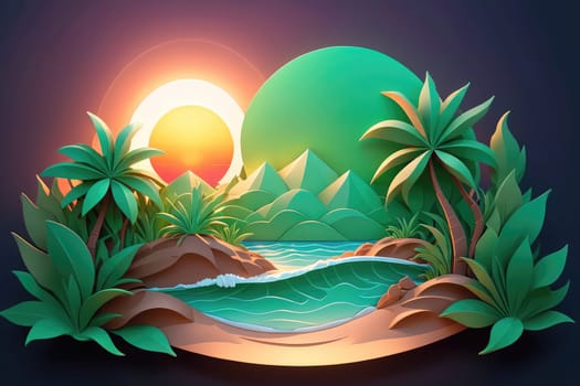 A vibrant tropical landscape showcases lush palm trees swaying gently by a tranquil body of water. In the background, majestic mountains rise under a colorful sunrise, creating a serene and peaceful atmosphere. The interplay of light and shadow enhances the beauty of nature in this picturesque setting.