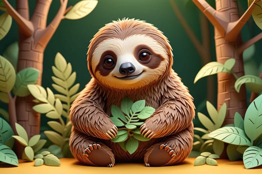 A charming sloth is nestled comfortably in a vibrant green forest, surrounded by lush foliage. The sloth holds a small bunch of leaves, embodying a peaceful and relaxed demeanor. Sunlight filters through the trees, creating a serene atmosphere in this natural habitat.