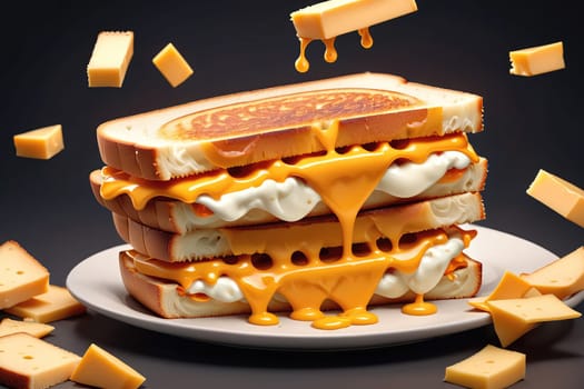 Slices of perfectly golden brown grilled cheese sandwiches are stacked high on a plate, with gooey melted cheese draping over the sides. Small cubes of cheese hover in the air, capturing the decadent moment just before they fall. The rich, inviting colors create a mouthwatering appeal.