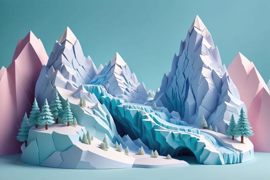 The artwork features a vibrant paper landscape showcasing towering mountains and a cascading waterfall. Pine trees are scattered throughout the scene, adding depth and texture. The use of various colors enhances the whimsical feel, making it an engaging visual display.