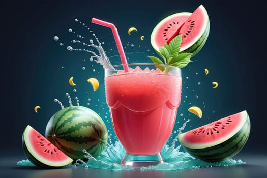 A vibrant watermelon drink sits in a glass, topped with fresh mint, surrounded by splashes of water. The drink is creatively displayed with halved watermelons, enhancing its summer appeal. The scene captures the essence of refreshment and the joy of seasonal fruits.