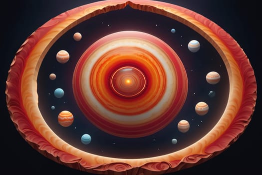 This artwork displays a captivating view of the solar system, showcasing the planets arranged around a luminous core. The vibrant color palette creates a stunning visual effect, emphasizing the distinct sizes and hues of each planet, set against a dark cosmic background.