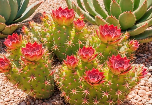 The garden showcases a cluster of beautifully blooming cacti, characterized by their striking red flowers and lush green pads. Surrounding them are various succulents, thriving in the warm desert sun, creating a vibrant ecosystem filled with unique plant life.