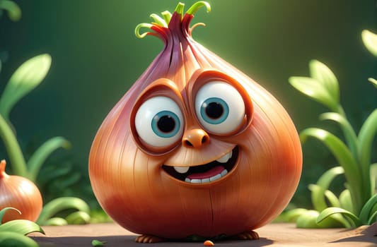 A friendly animated onion character is depicted with a wide smile, showcasing large, expressive eyes. It stands amidst vibrant green plants in a sunlit garden, evoking a sense of joy and whimsy. The character appears cheerful, adding a playful element to the natural setting.