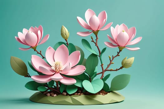 Delicate paper flowers blossom in shades of pink, surrounded by green leaves and branches. The soft background highlights their intricate design and artistic presentation, creating a serene atmosphere.