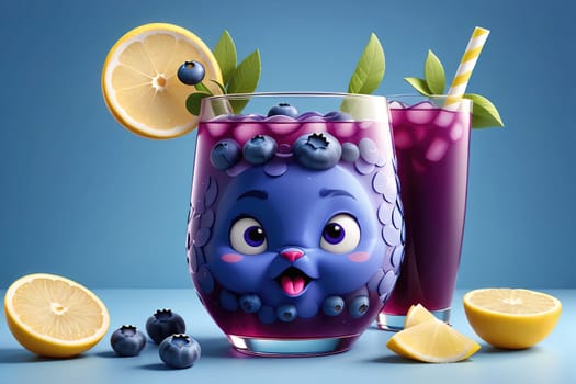 A whimsical cartoon beverage character showcases a playful blue blueberry face surrounded by fresh blueberries and lemon slices. It is served in a vibrant glass, alongside another glass containing a similar fruity drink. The light blue background enhances the cheerful atmosphere.