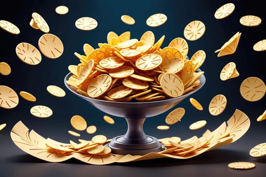 A lavish bowl overflows with vibrant golden coins, creating a captivating visual spectacle as the coins gracefully cascade around it. The rich colors and textures evoke a sense of celebration and abundance, enhancing the festive atmosphere.