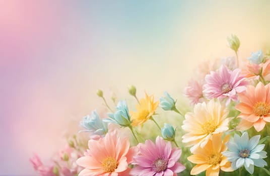 A vibrant display of assorted flowers showcases hues of pink, yellow, and blue, creating a cheerful atmosphere. The soft pastel background enhances the allure of the blossoms, embodying the essence of spring with lively colors and delicate petals.