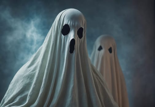 Two ghostly figures, shrouded in white cloth, stand eerily in a dark environment filled with fog. The atmosphere is thick with mystery as the shadows play around them. Their features are obscured, creating an unsettling yet fascinating presence.