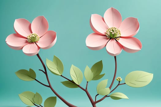 This artwork features delicate pink flowers crafted from paper, showcasing intricate petal designs and vibrant green leaves. The arrangement is thoughtfully positioned against a soothing light blue backdrop, emphasizing the beauty of the handmade creation.