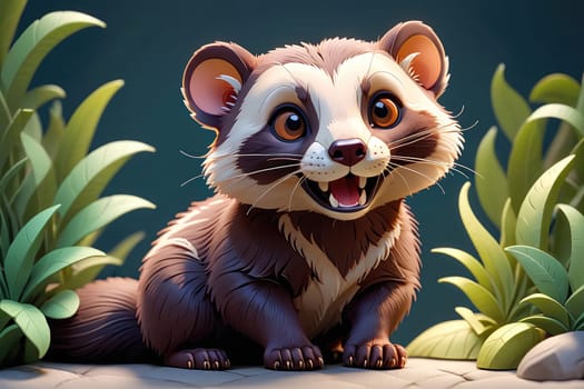 A joyful cartoon animal with a fluffy fur coat is sitting happily among lush green plants. Its bright eyes and cheerful expression give it a playful demeanor, creating a delightful atmosphere.
