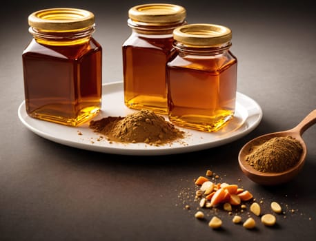 Three glass jars filled with golden honey are arranged alongside a small mound of spice powder on a white plate. A wooden spoon rests next to the spice, enhancing the natural aesthetic of the display.