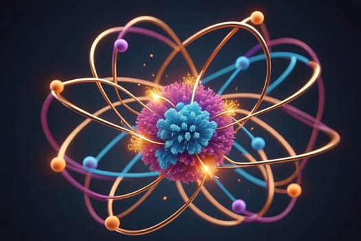 A vibrant depiction of an atom showcases its central nucleus made up of blue and purple particles. Surrounding this core are dynamic electrons represented by colorful paths, illustrating movement in a dark, contrasting background.