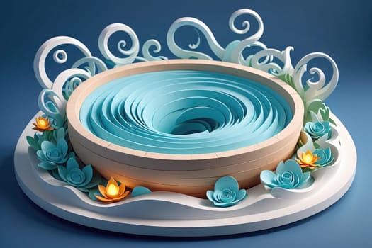 An elaborate paper art piece showcases a circular design with layered blue tones. The swirling patterns are complemented by delicate floral elements crafted from paper. Soft lighting enhances the intricate details of the composition, adding a touch of elegance to the overall artwork.