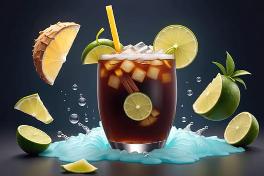 A vibrant cocktail is being served with ice cubes and a colorful splash of citrus fruits. The drink features a lively blend of lime wedges and pineapple, enhancing its refreshing appeal. The background sets a dramatic contrast, emphasizing the beverage's enticing colors and textures.