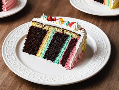 A beautifully crafted layered cake with distinct colors of yellow, green, pink, and chocolate is sliced and served on decorative plates. The cake features a smooth frosting and vibrant decorations, making it a perfect centerpiece for any festive gathering.