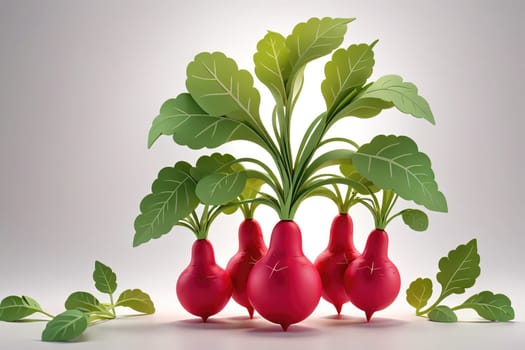 A cluster of vibrant, red radishes with lush green leaves rises from a smooth, bright surface, capturing the essence of freshness and healthy produce. The radishes exhibit a glistening texture, highlighting their ripeness, while the greens reach upward, showcasing vitality and nourishment.