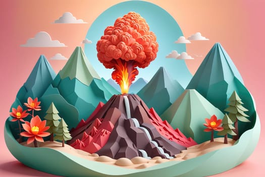 A volcano erupts energetically in a captivating landscape, surrounded by majestic mountains and vivid flowers. The eruption creates a stunning display of orange flames and ash, contrasting beautifully against the serene pastel background.