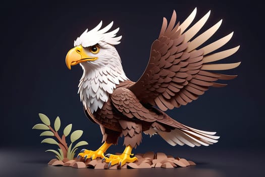A beautifully crafted eagle design stands proudly with its wings fully spread, showcasing intricate details in its feathers and vibrant colors. The eagle, made from layered paper, is positioned on a rocky surface accompanied by delicate green foliage, creating a captivating natural ambiance under soft lighting.