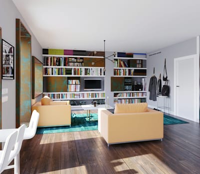 modern home with table in the window. 3d rendering design concept