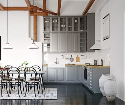 modern loft kitchen interior design. 3d rendering concept