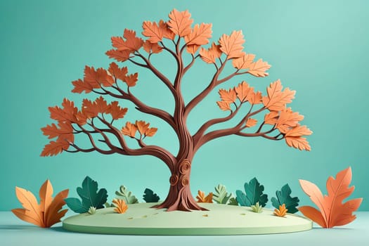 A beautiful paper craft showcases a large tree with vibrant autumn leaves in shades of orange and brown. Surrounding the tree are intricately designed paper plants and foliage, adding texture and depth to the display. The background is a soft teal color, enhancing the warm tones of the leaves and creating a harmonious visual effect.