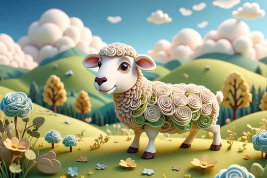 A cheerful cartoon sheep stands in a vibrant landscape filled with colorful flowers and lush green hills. The fluffy creature sports a unique wool pattern resembling swirls. Soft, fluffy clouds drift above, creating a picturesque rural setting in bright daylight.