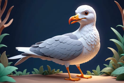 A beautifully crafted representation of a seagull stands prominently against a backdrop of vibrant greenery under soft lighting. The intricate details of the feathers and the distinct colors accentuate the artistry of the piece, creating a captivating focal point that merges nature and creativity.