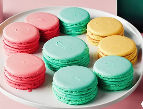 A white plate holds a vibrant assortment of macarons in pastel colors, including pink, yellow, green, and blue. These delicate confections are arranged neatly, highlighting their smooth surfaces and round shapes. The setting suggests a delightful dessert table, perfect for a celebration or special occasion.