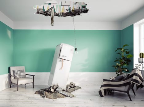 broken ceiling and falling refrigerator. 3d rendering concept