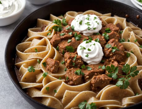 A steaming bowl of beef stroganoff features tender chunks of meat simmered in a rich, savory sauce, perfectly layered over egg noodles. It is garnished with fresh parsley and dollops of sour cream, creating a mouthwatering dish ideal for a cozy meal at home.