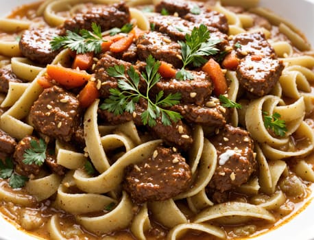Tender beef chunks are saut?ed with fresh carrots and herbs, then layered over a bed of thick noodles. The dish is richly sauced, creating a hearty and satisfying meal perfect for any dinner table.