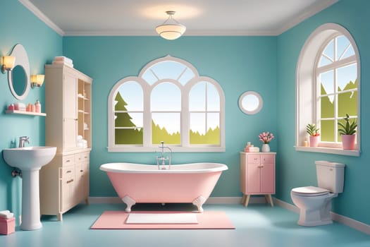 A beautifully designed bathroom showcases a vintage-style bathtub positioned near large windows that allow for natural light and a captivating view of lush greenery. The walls are painted in a soothing blue tone, complemented by white accents and stylish furniture, creating a relaxing atmosphere.