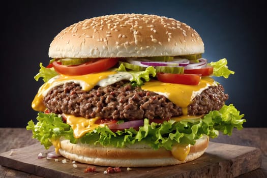This enticing cheeseburger is layered with crispy lettuce, juicy tomatoes, and crunchy pickles, all resting atop a perfectly grilled beef patty. Melted cheese drips down the sides, complementing the fresh flavors within the soft sesame seed bun. The rustic wooden surface enhances the appetizing presentation, making it an irresistible choice for any meal.