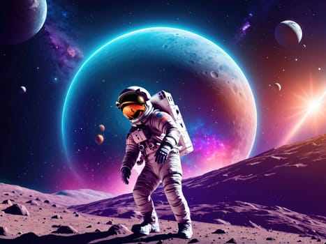 An astronaut stands on a rocky, alien terrain, surrounded by vibrant planets and a stunning cosmic nebula. The celestial display creates a magical atmosphere, highlighting the wonder of space exploration.