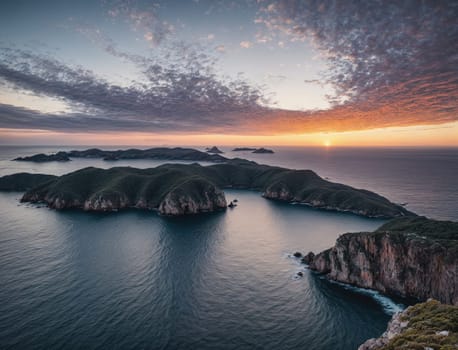 A stunning coastal sunrise blankets the horizon as soft light reflects off tranquil waters surrounding a series of lush green islands. The sky features a magnificent array of colors, gradually shifting from deep blues to warm oranges.