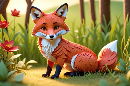 A charming orange fox sits gracefully among vibrant flowers in a sunlit forest clearing. The warm sunlight filters through the trees, illuminating its beautiful fur and expressive features. The serene environment showcases the peaceful coexistence of wildlife and nature.