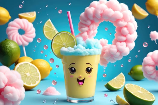 A cheerful cartoon character drinks a vibrant beverage topped with fluffy blue foam, surrounded by slices of lemons and limes, along with whimsical cotton candy. The bright blue background enhances the playful atmosphere, making the scene lively and inviting.