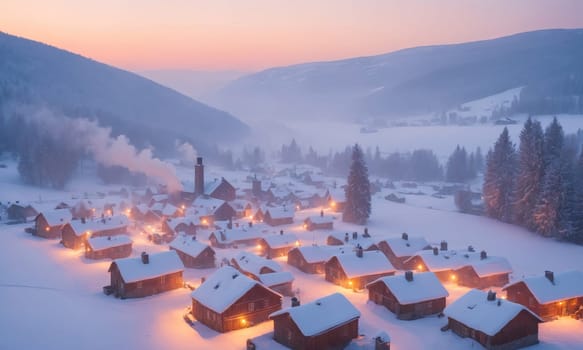A serene winter village is blanketed in fresh snow as evening falls. The rooftops of cozy cabins are adorned with a thick layer of white, while warm lights glow from the windows, creating a peaceful ambiance. Smoke rises from chimneys, hinting at warmth within, and mist settles softly over the surrounding mountains.