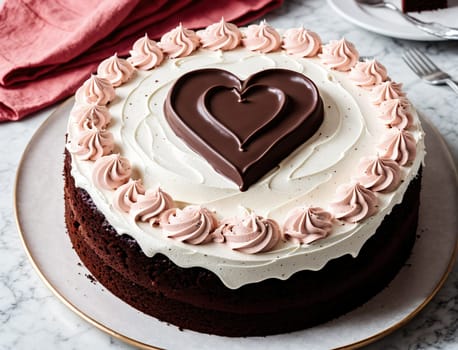 A beautifully crafted chocolate cake is displayed on a marble table, featuring a creamy pink frosting and a heart-shaped chocolate decoration in the center. The delicate swirls of icing around the edges add an elegant touch to this delectable dessert, perfect for celebrations or special occasions.